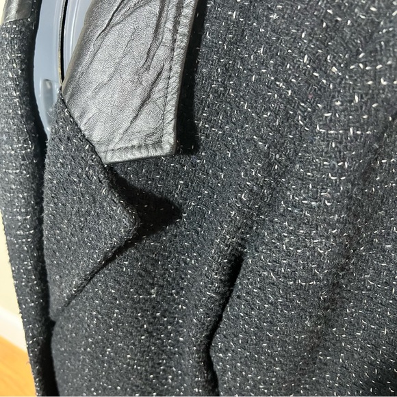 Vintage Otello Pelle Black & White Tweed Trench Coat with Leather Collar Size XL - Picture 8 of 11